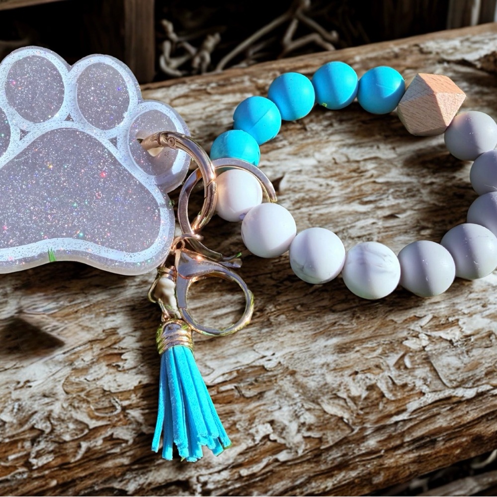 Blue and Gray Beaded Key Holder with Paw Print Charm